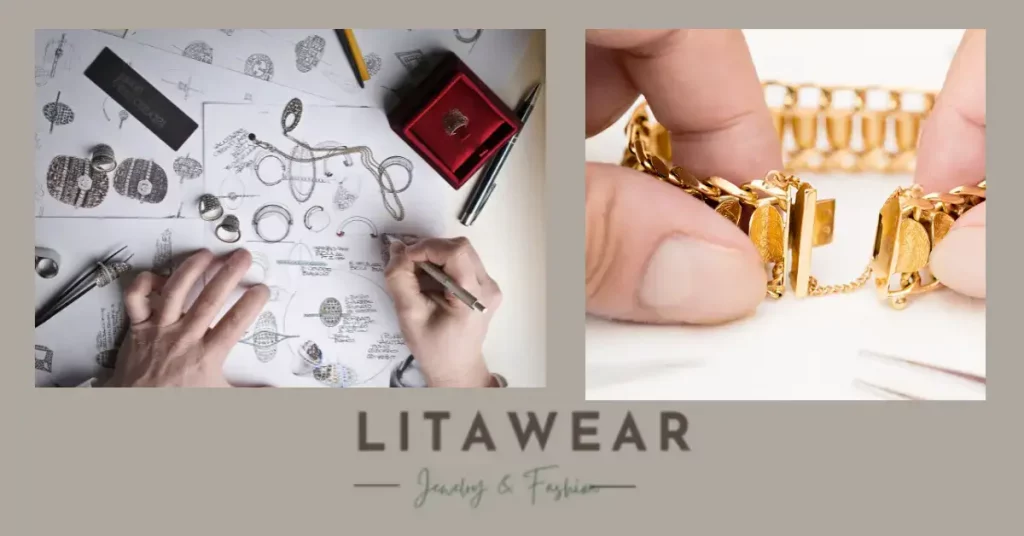 male hands on a drawing canva with jewelry tools and materials plus a gold plated wrist band clasp being fixed